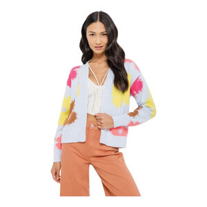 NEW Lisa Todd Lazy Daisy Pale Blue Open Cardigan Size XL Bold Floral Cozy Boho